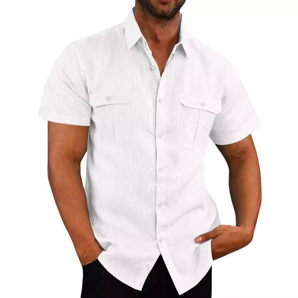 Designed European And American Men's Shirt Double Pocket Cotton Linen Short Sleeve Shirt Casual Vacation Shirt 7 Colors - view 2