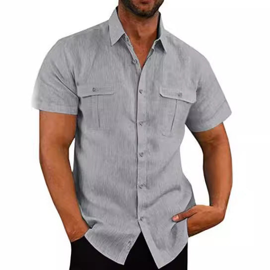 Designed European And American Men's Shirt Double Pocket Cotton Linen Short Sleeve Shirt Casual Vacation Shirt 7 Colors - view 4