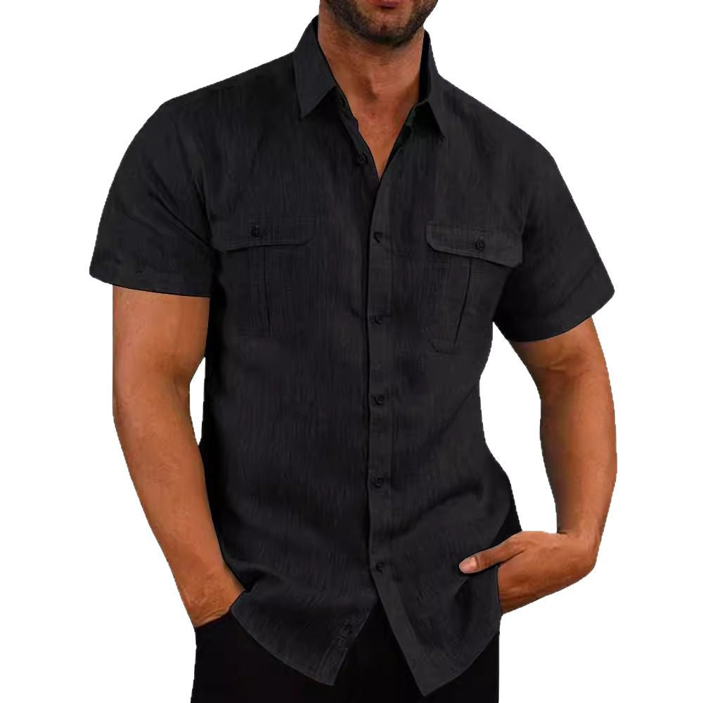 Designed European And American Men's Shirt Double Pocket Cotton Linen Short Sleeve Shirt Casual Vacation Shirt 7 Colors - view 3