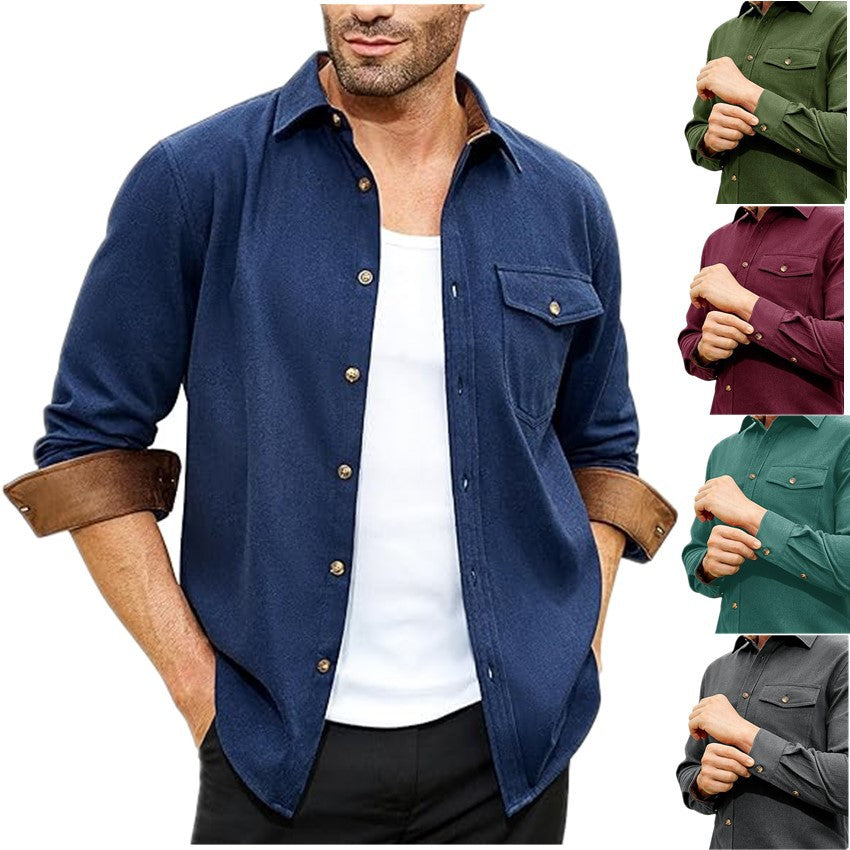 Amazon Eaby Independent Station 2024 Autumn And Winter New Long Sleeve Plain Collar Daily Vacation Solid Color Men's Shirt - front view