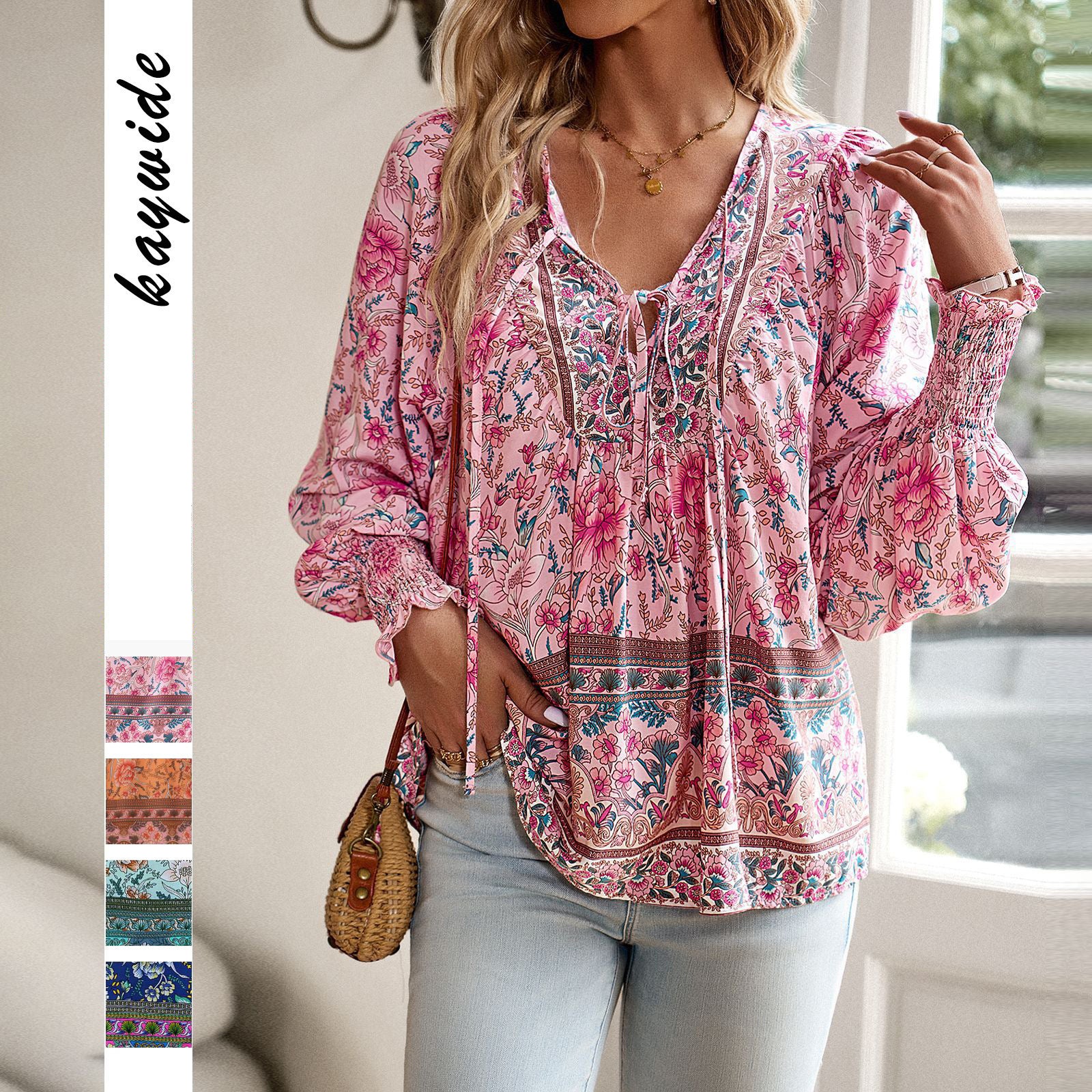 Wholesale Women's Vintage Style Bohemian Printing Long Sleeve Blouses - front view