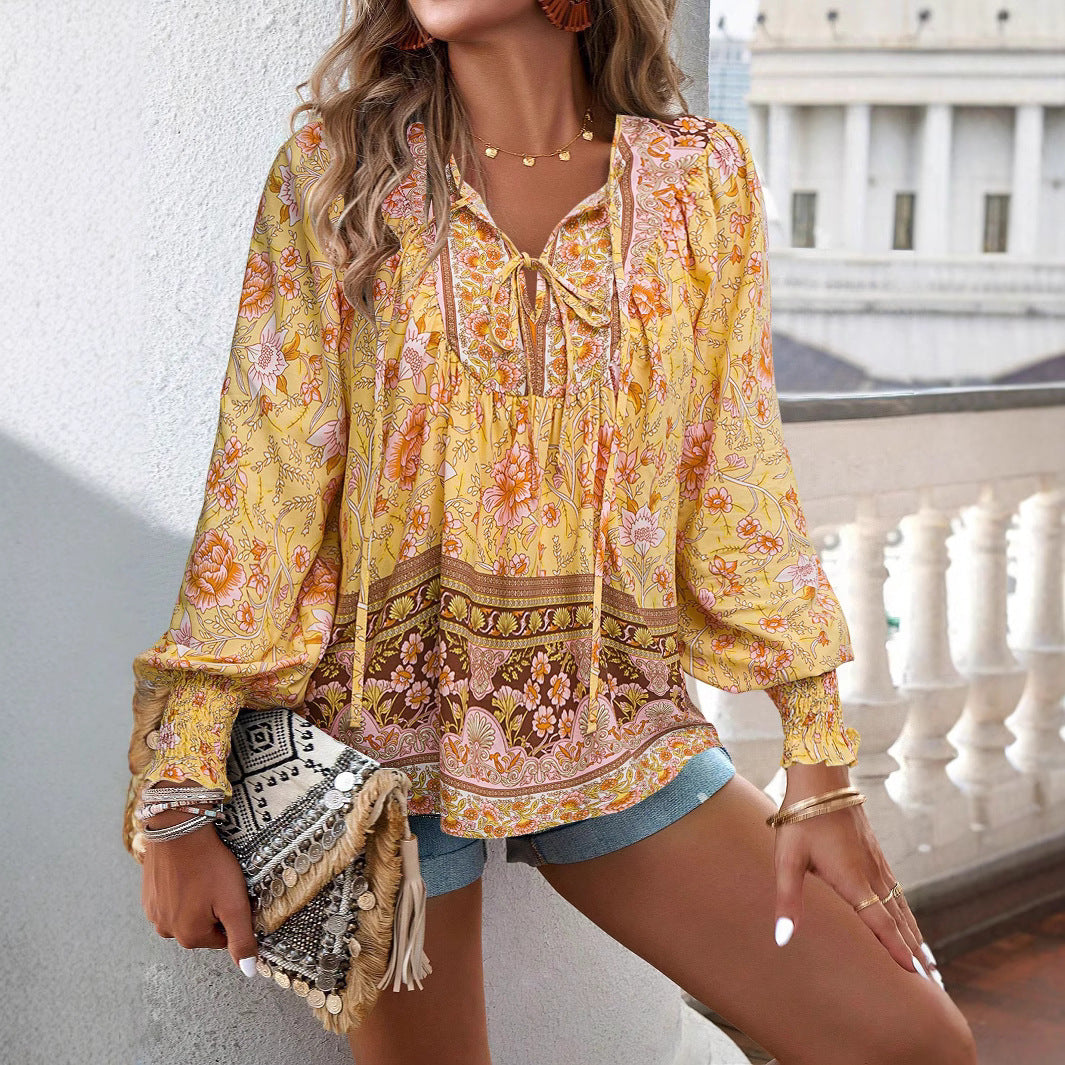 Wholesale Women's Vintage Style Bohemian Printing Long Sleeve Blouses - view 3