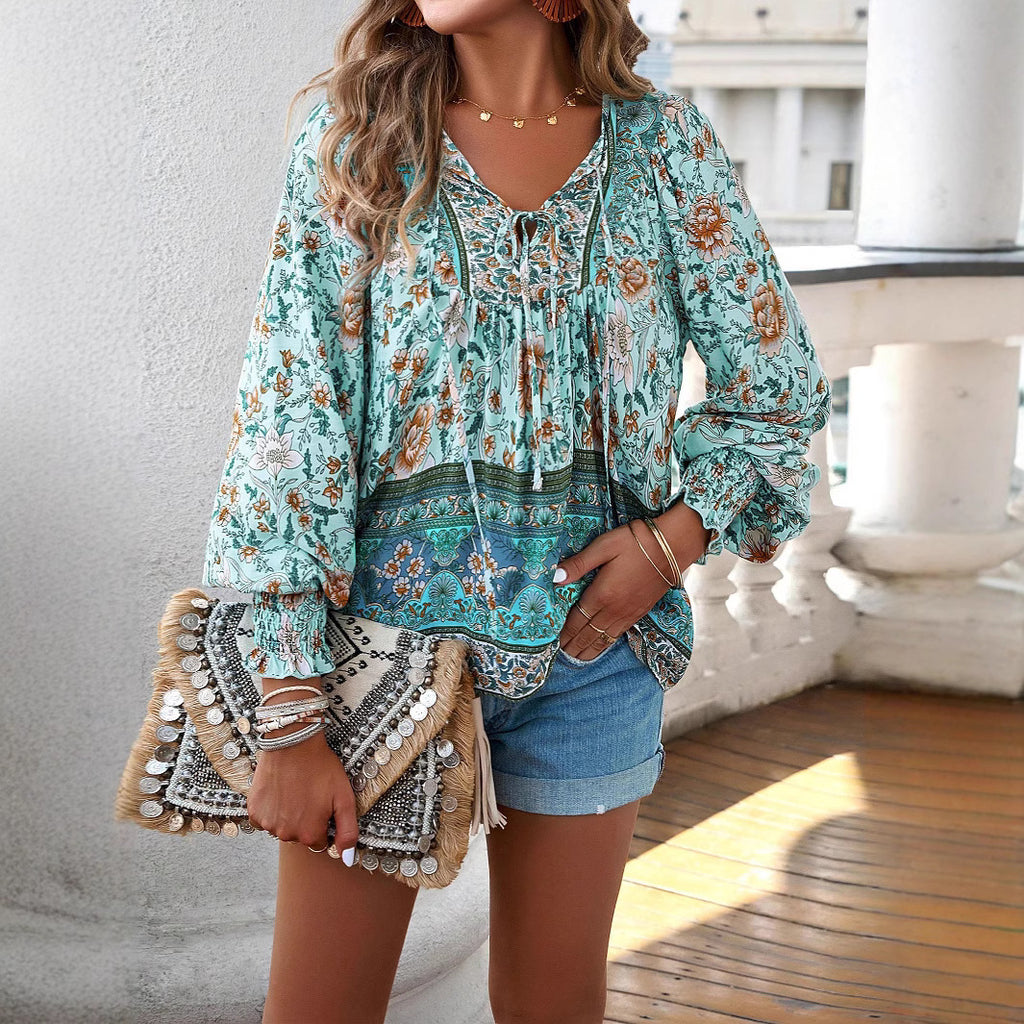 Wholesale Women's Vintage Style Bohemian Printing Long Sleeve Blouses - view 5