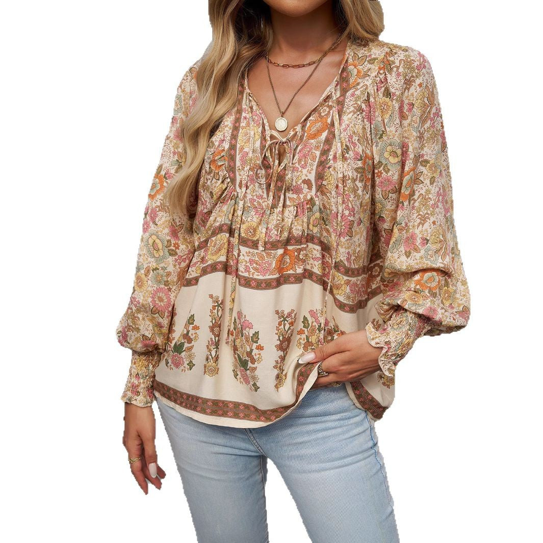Wholesale Women's Vintage Style Bohemian Printing Long Sleeve Blouses - view 4