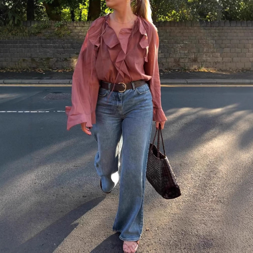 Wholesale Women's Streetwear Solid Color Long Sleeve Blouses - front view