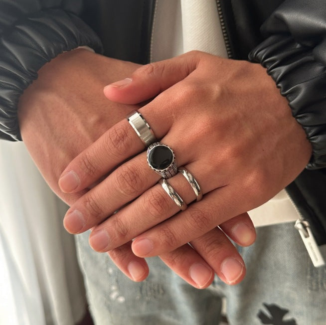 Retro Classic Style Geometric Alloy Titanium Steel Plating Men's Rings Men Ring Sets - front view