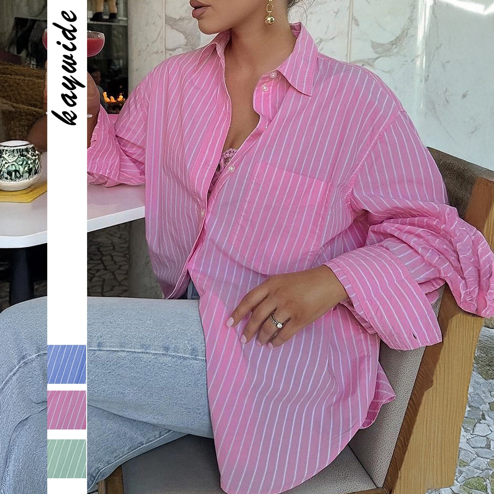 Wholesale Women's Casual Stripe Long Sleeve Blouses - front view