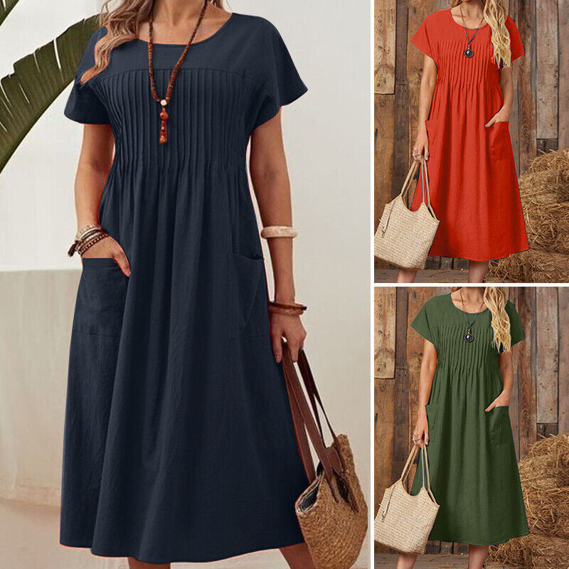 Women's Dress New Solid Color Round Neck Pocket Pleated Short Sleeve Cotton And Linen Dress - front view