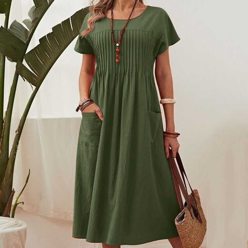 Women's Dress New Solid Color Round Neck Pocket Pleated Short Sleeve Cotton And Linen Dress - view 2