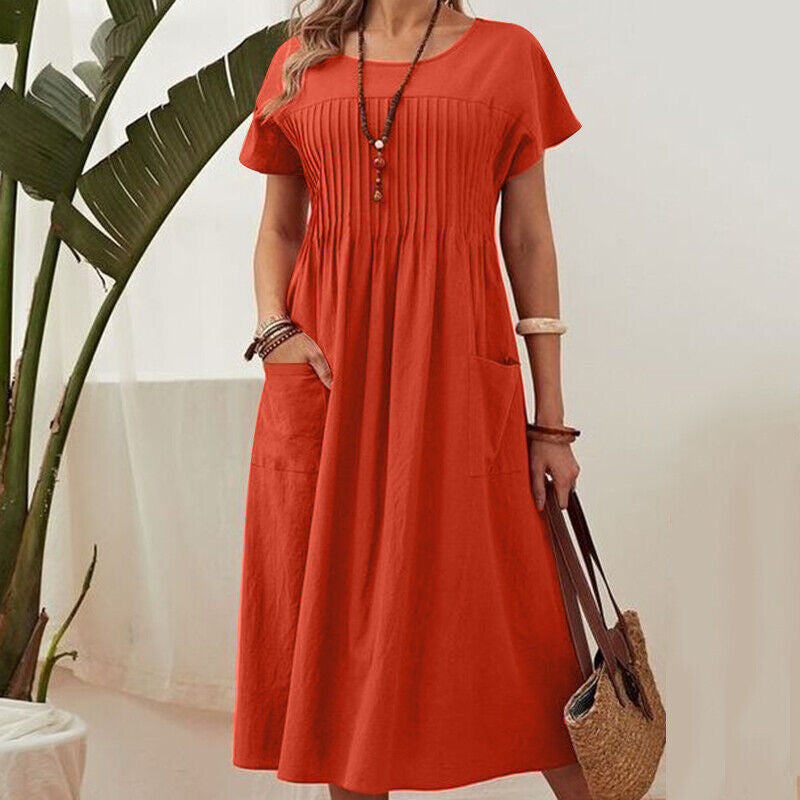 Women's Dress New Solid Color Round Neck Pocket Pleated Short Sleeve Cotton And Linen Dress - view 3