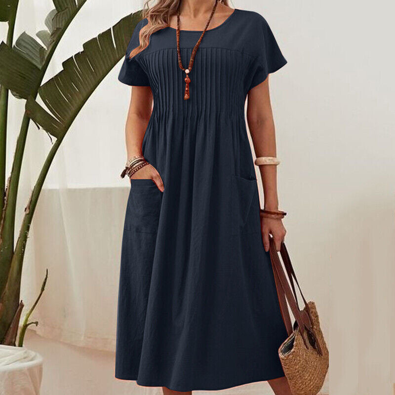 Women's Dress New Solid Color Round Neck Pocket Pleated Short Sleeve Cotton And Linen Dress - view 4