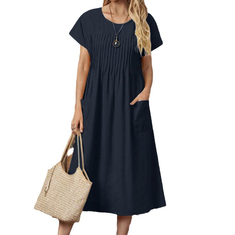 Women's Dress New Solid Color Round Neck Pocket Pleated Short Sleeve Cotton And Linen Dress - view 5