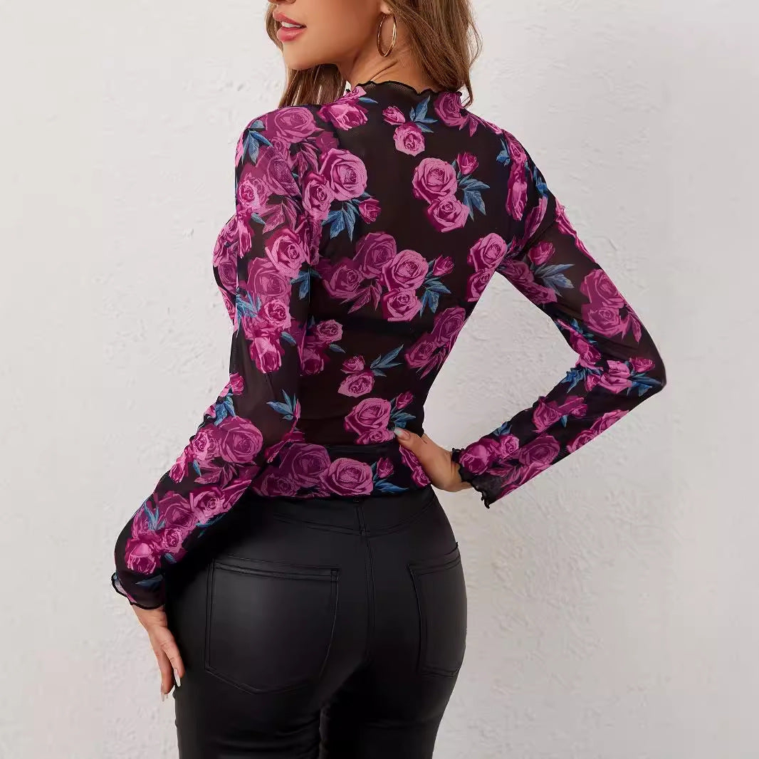 2025 Spring New Elegant Flower Fashion Chic Printed Small Stand-Collar Gauze Wooden Ear Women's Top - view 5