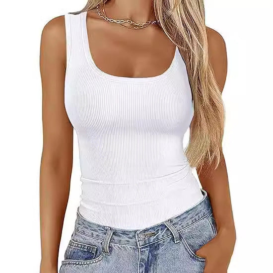 Women's Square Neck Ribbed Casual T-Shirt Sleeveless Stretch Slim Basic Tank Top Women's Top - front view