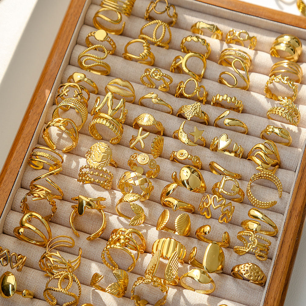 304 Stainless Steel Letter Fruit Spiral Stripe Ion Plating (IP) Stone-Free 18K Gold Plated Cute Tropical Streetwear Gold Open Rings - front view