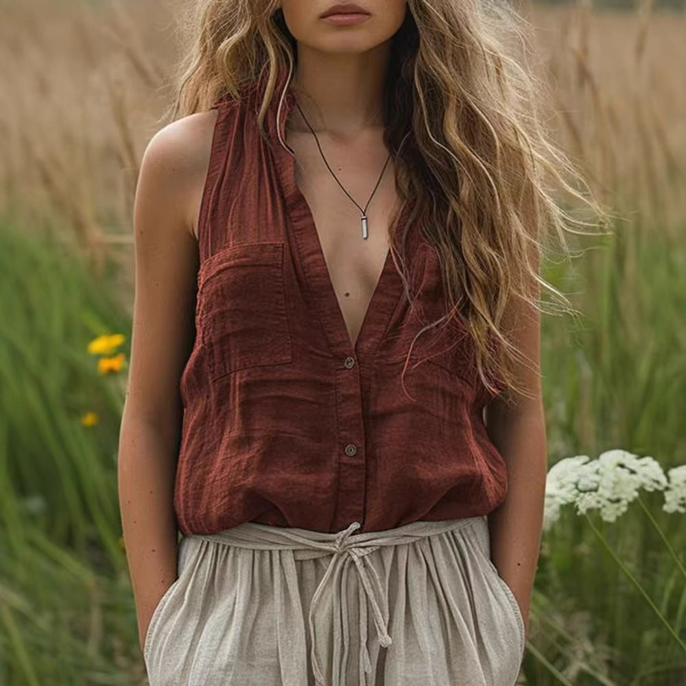 Wholesale Women's Casual Solid Color Sleeveless Blouses - view 2