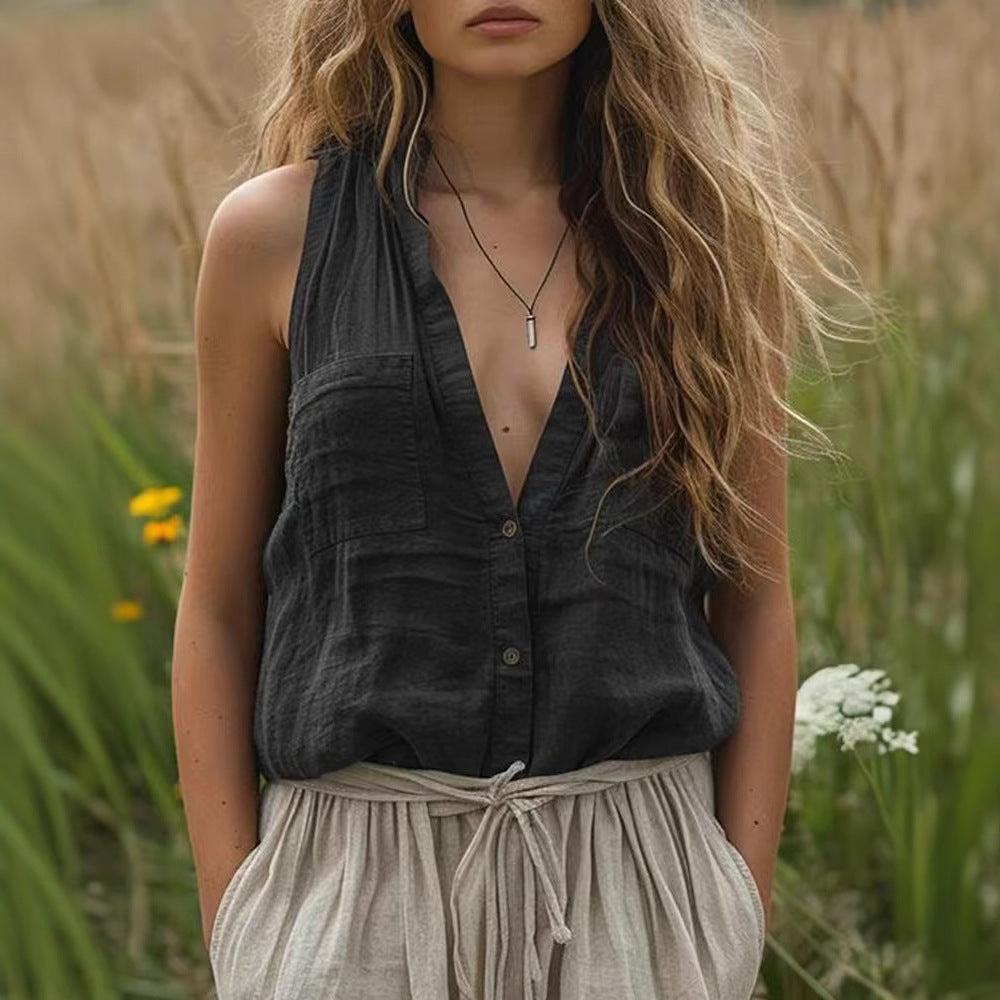 Wholesale Women's Casual Solid Color Sleeveless Blouses - view 4
