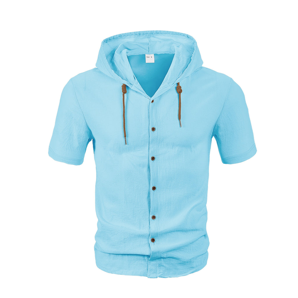 American Linen Men's Shirt Foreign Trade Fashion Casual Summer Breathable Thin Hooded Short Sleeve Cardigan Coat - view 3