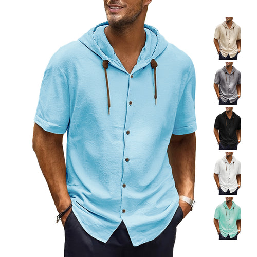 American Linen Men's Shirt Foreign Trade Fashion Casual Summer Breathable Thin Hooded Short Sleeve Cardigan Coat - front view