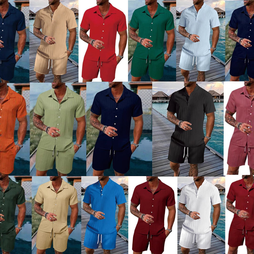 New Summer     Men's Shirt Casual Loose Short-sleeved Shorts Beach Suit - front view