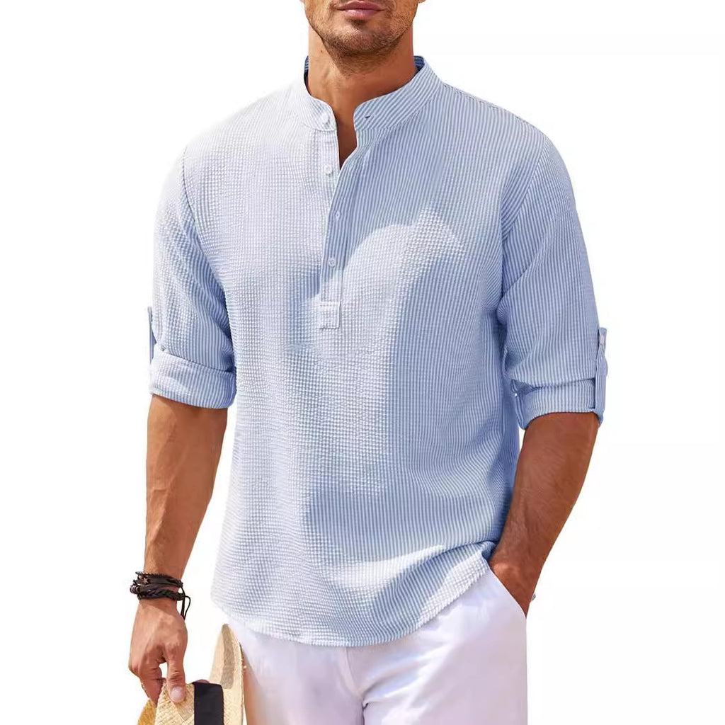 Men's Long Sleeve Shirt Stand Collar Half Button Shirt Pineapple Check Shirt Men's Casual Shirt Jacket - front view