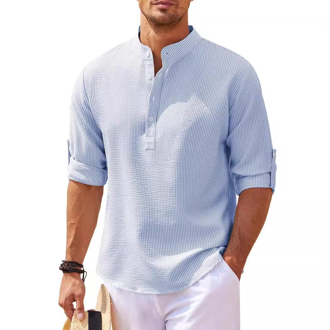 Men's Long Sleeve Shirt Stand Collar Half Button Shirt Pineapple Check Shirt Men's Casual Shirt Jacket - front view