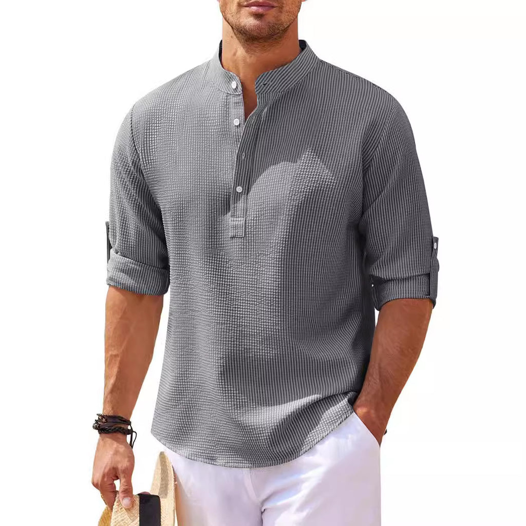 Men's Long Sleeve Shirt Stand Collar Half Button Shirt Pineapple Check Shirt Men's Casual Shirt Jacket - view 2