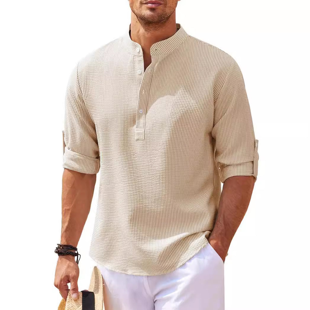 Men's Long Sleeve Shirt Stand Collar Half Button Shirt Pineapple Check Shirt Men's Casual Shirt Jacket - view 3