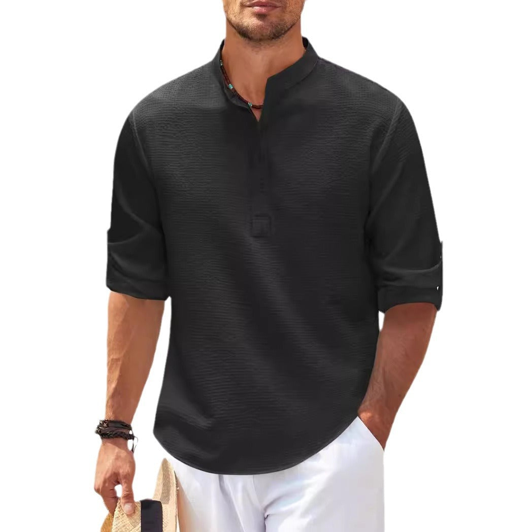 Men's Long Sleeve Shirt Stand Collar Half Button Shirt Pineapple Check Shirt Men's Casual Shirt Jacket - view 5