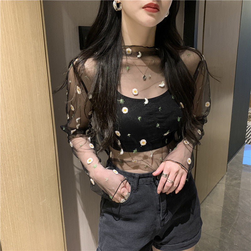 Spring And Summer New Daisies Embroidered Base Shirt Women's Long Sleeve Embroidered Mesh Shirt Women's Top Lace Shirt - front view