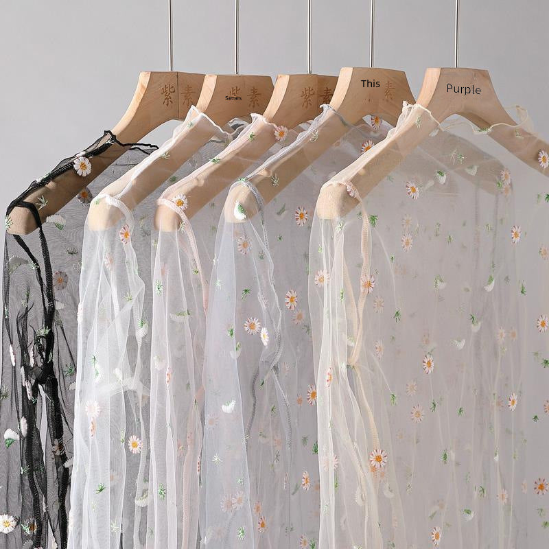 Spring And Summer New Daisies Embroidered Base Shirt Women's Long Sleeve Embroidered Mesh Shirt Women's Top Lace Shirt - view 2
