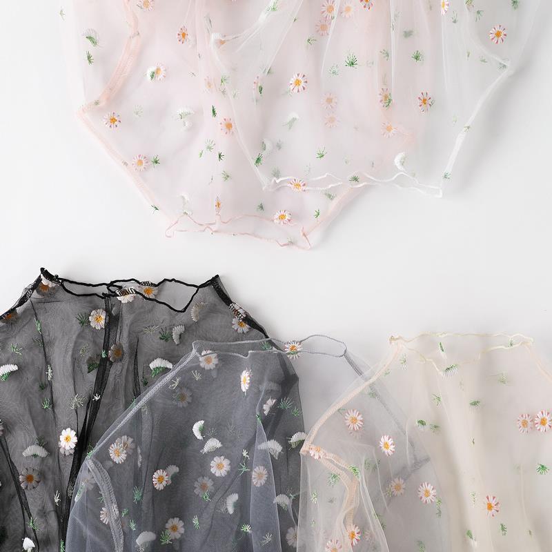 Spring And Summer New Daisies Embroidered Base Shirt Women's Long Sleeve Embroidered Mesh Shirt Women's Top Lace Shirt - view 3