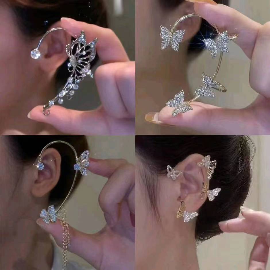 Super Flash Diamond Butterfly Ear Clip Ear Hanging Zircon Pearl Tassel One-piece Earrings Advanced Sense Earrings No Ear Holes Wholesale - view 2