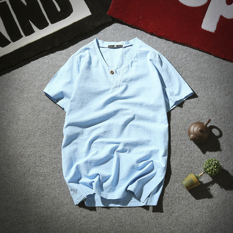 Wholesale Men's Linen Casual Simple Style Solid Color Short Sleeve Men's T-shirt - view 2