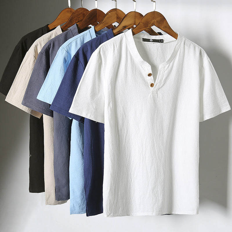 Wholesale Men's Linen Casual Simple Style Solid Color Short Sleeve Men's T-shirt - front view