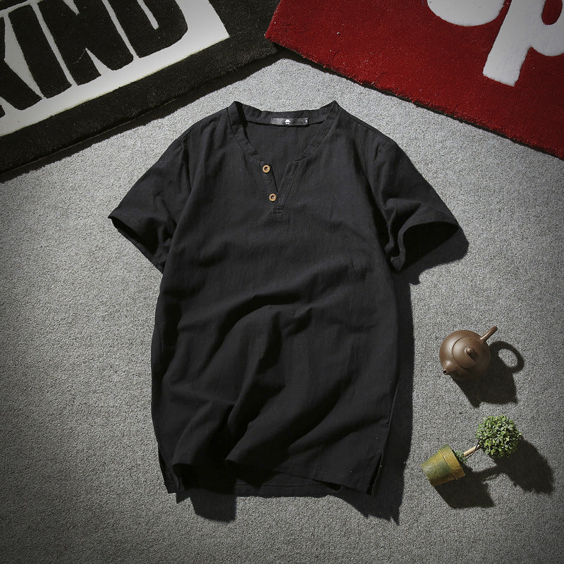 Wholesale Men's Linen Casual Simple Style Solid Color Short Sleeve Men's T-shirt - view 3