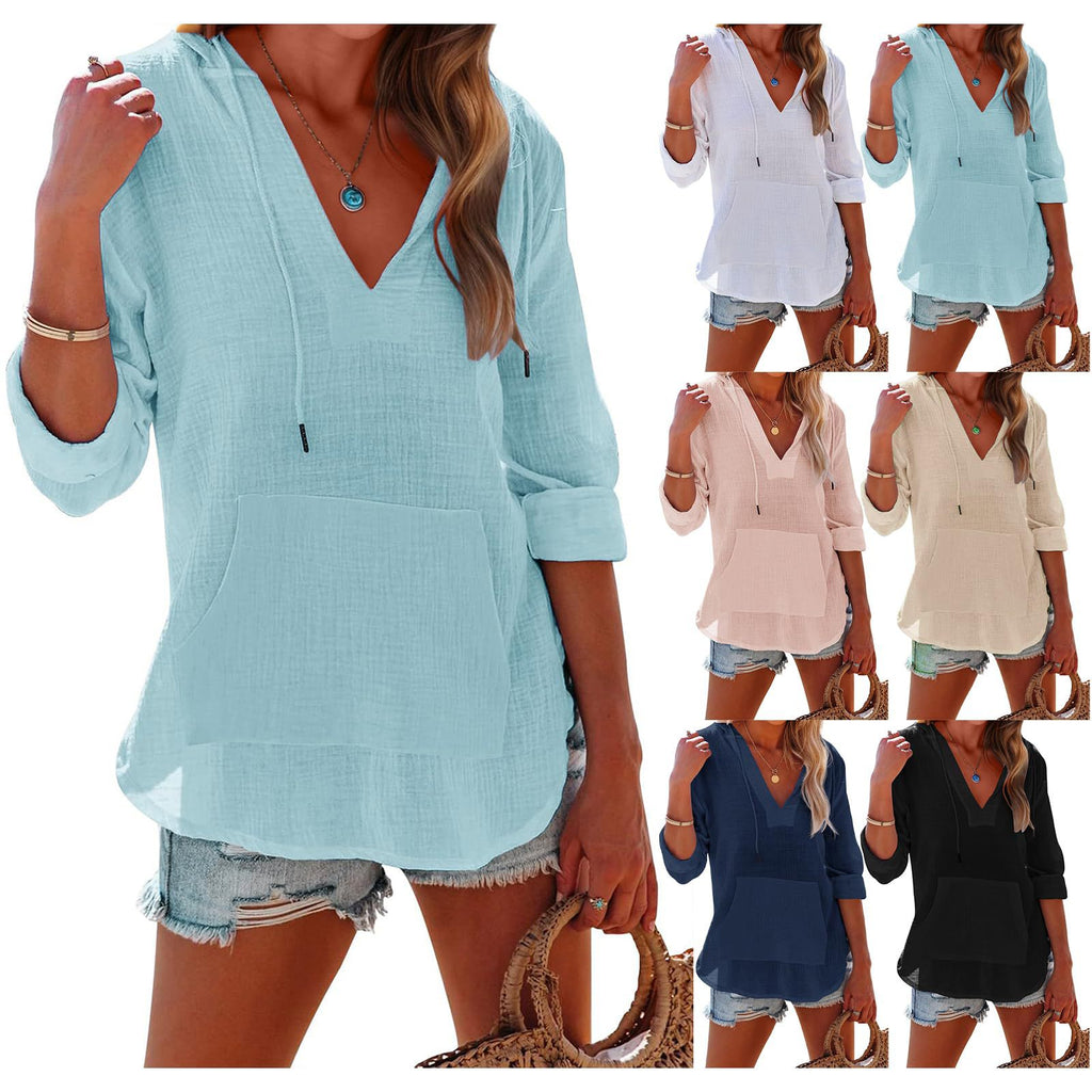 Summer  Beach Blouse Hoodie Sport Long Sleeve V-Neck Pocket Hooded Blouse Top - front view