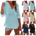 Summer  Beach Blouse Hoodie Sport Long Sleeve V-Neck Pocket Hooded Blouse Top - front view