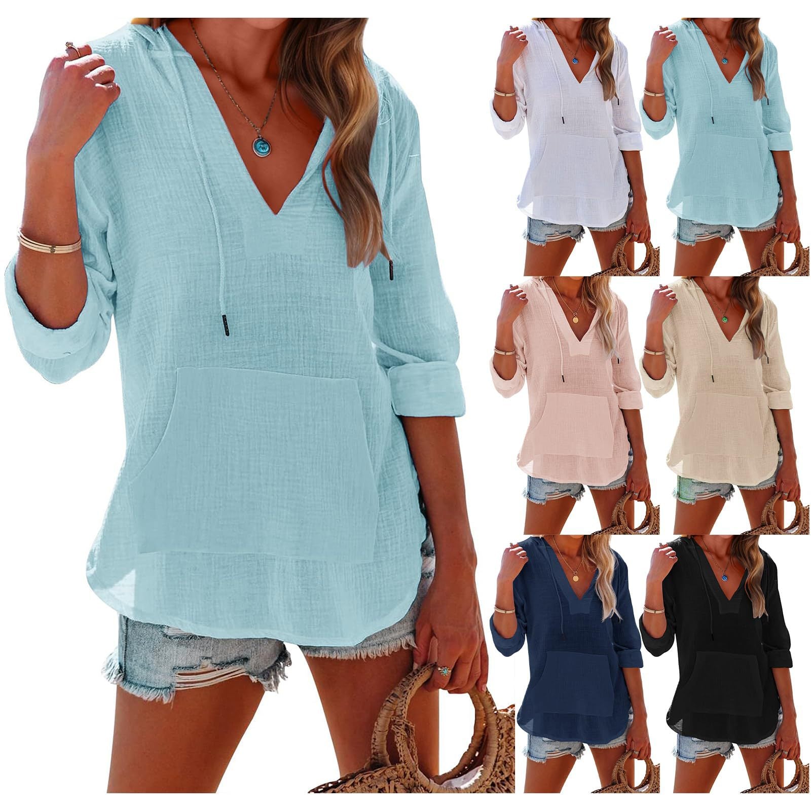 Summer  Beach Blouse Hoodie Sport Long Sleeve V-Neck Pocket Hooded Blouse Top - front view