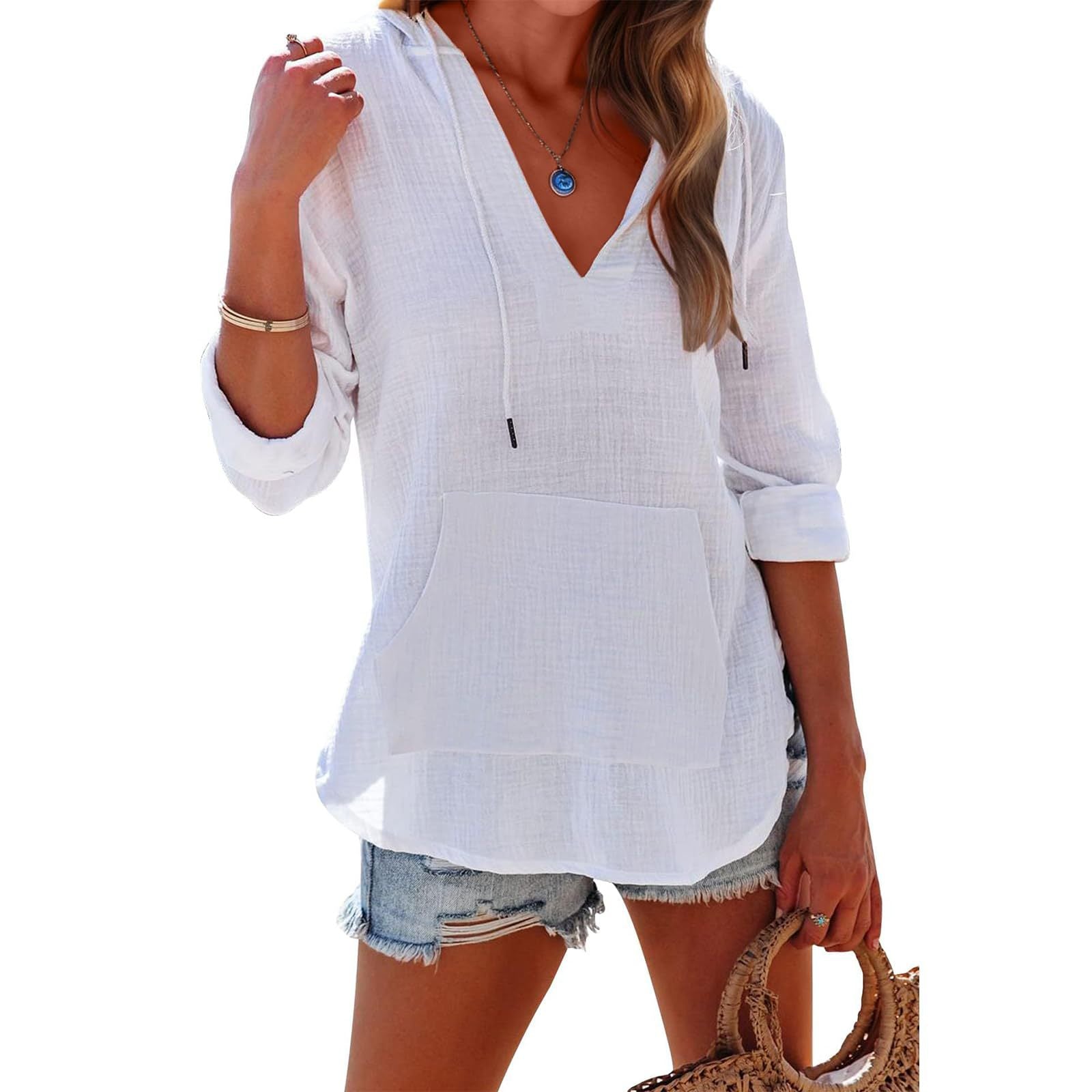 Summer  Beach Blouse Hoodie Sport Long Sleeve V-Neck Pocket Hooded Blouse Top - view 2