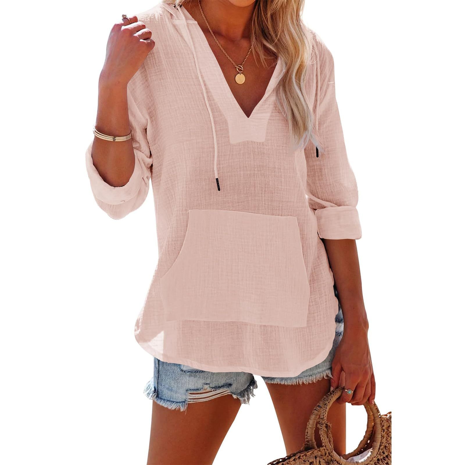 Summer  Beach Blouse Hoodie Sport Long Sleeve V-Neck Pocket Hooded Blouse Top - view 5