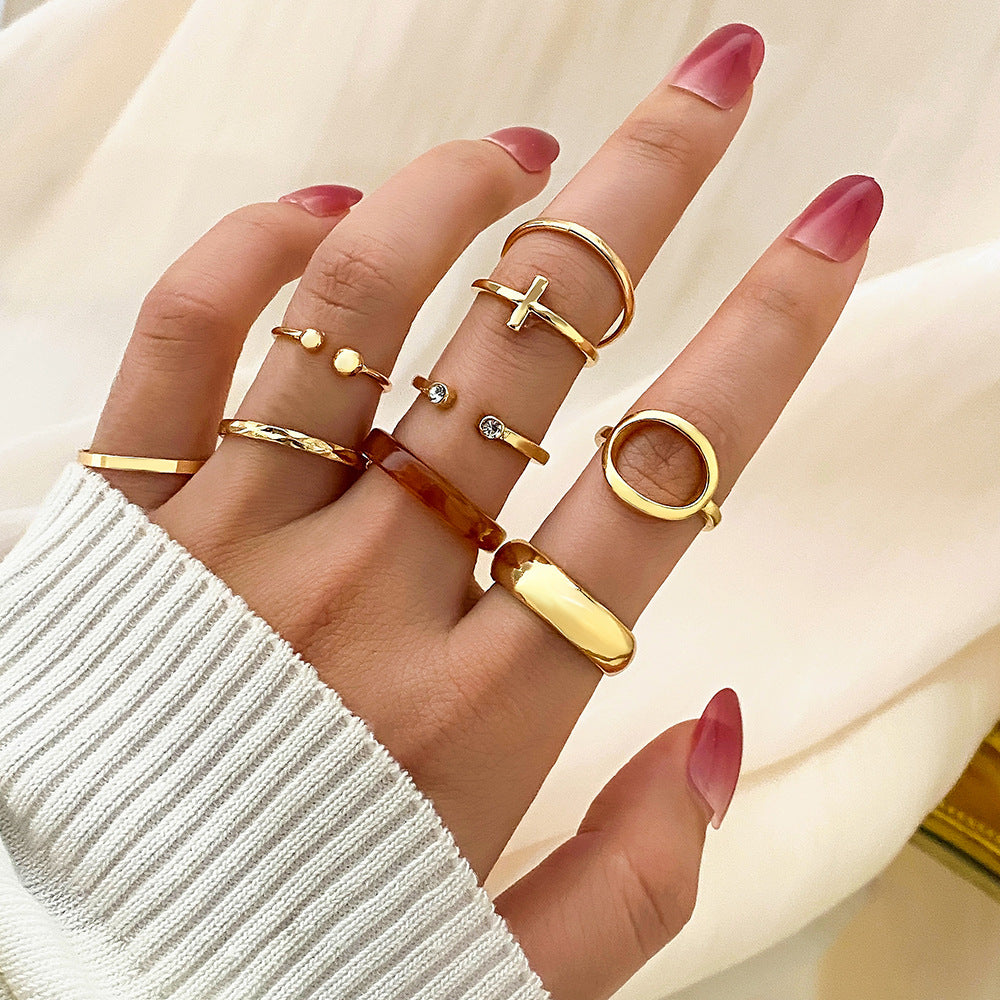 Metallic Amber Ring 9-piece Set With Diamond Geometric Creative Vintage Cross Ring Set Open Ring Ring Ring - front view