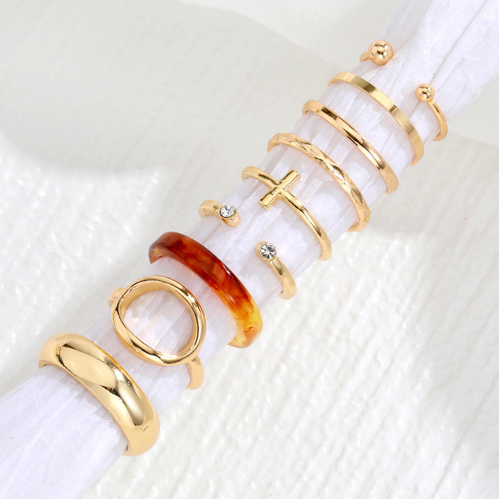 Metallic Amber Ring 9-piece Set With Diamond Geometric Creative Vintage Cross Ring Set Open Ring Ring Ring - view 2