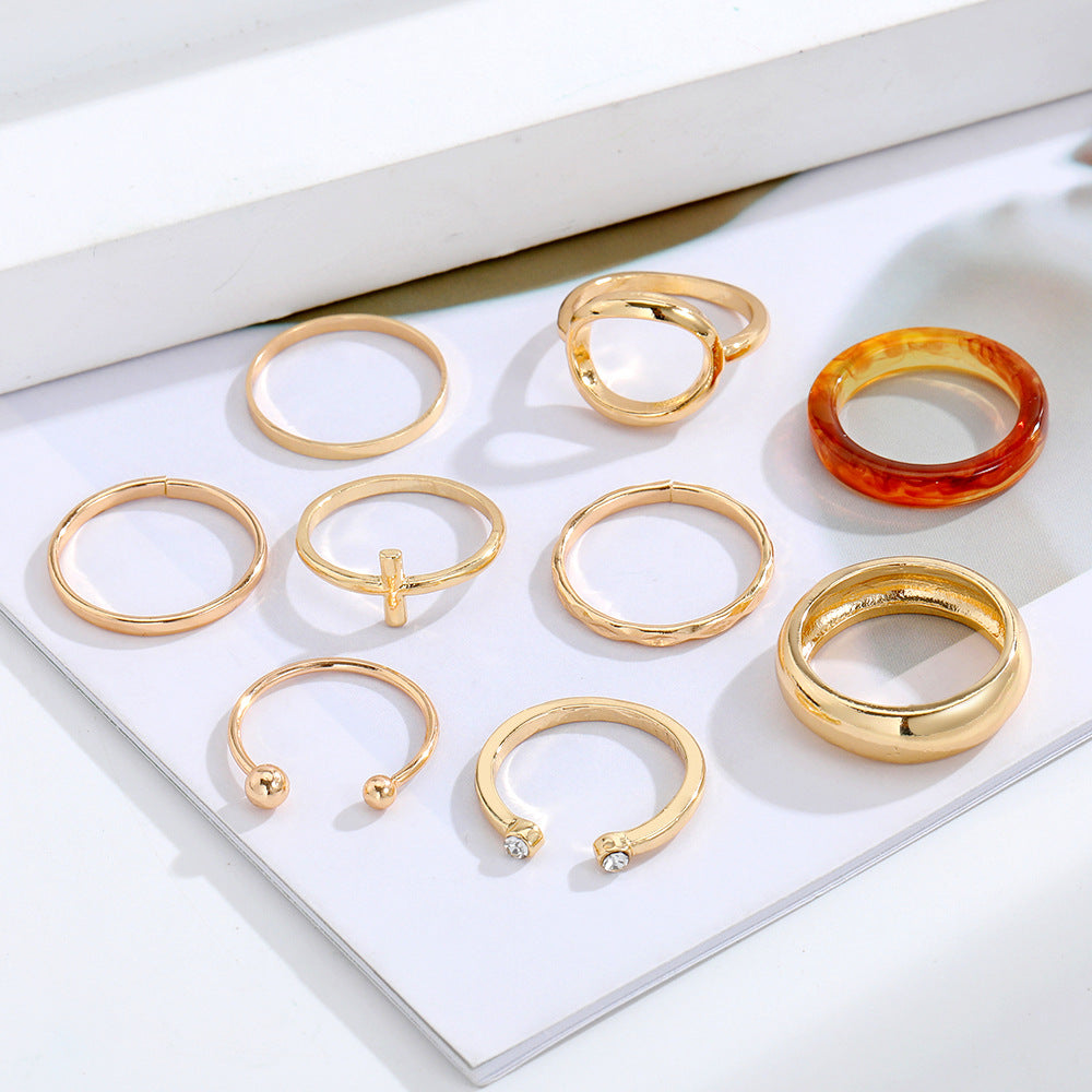 Metallic Amber Ring 9-piece Set With Diamond Geometric Creative Vintage Cross Ring Set Open Ring Ring Ring - view 3