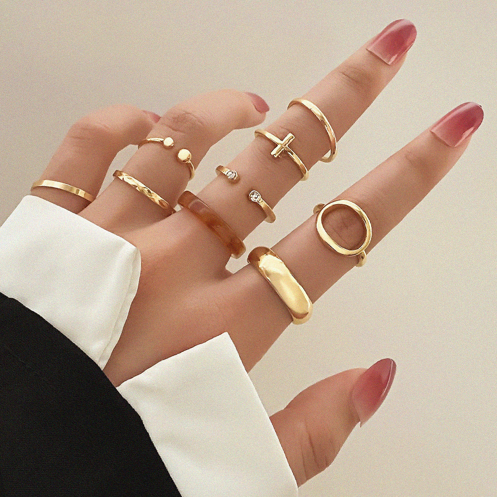 Metallic Amber Ring 9-piece Set With Diamond Geometric Creative Vintage Cross Ring Set Open Ring Ring Ring - view 4