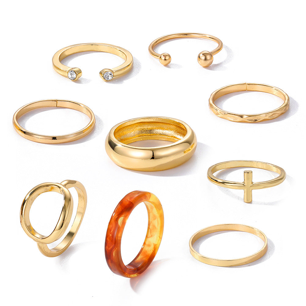Metallic Amber Ring 9-piece Set With Diamond Geometric Creative Vintage Cross Ring Set Open Ring Ring Ring - view 5