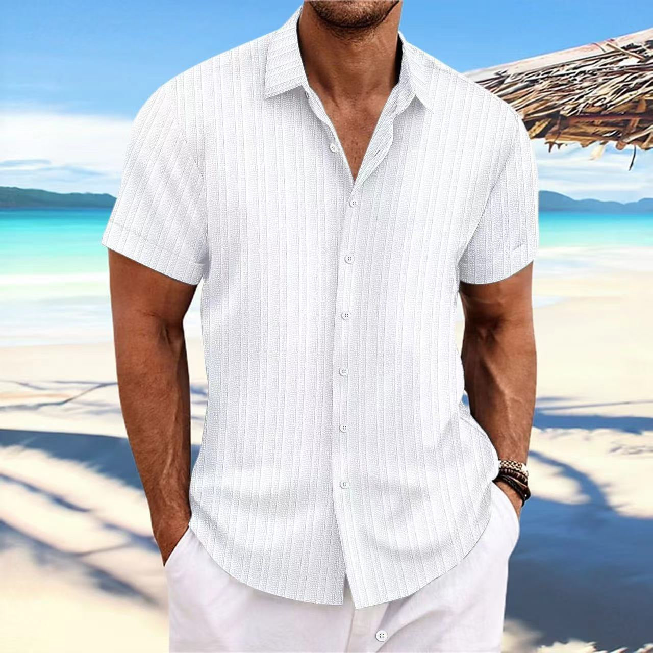 Wholesale Men's Cotton Blend Cotton And Linen Simple Style Classic Style Solid Color Short Sleeve Men's Shirts - view 2