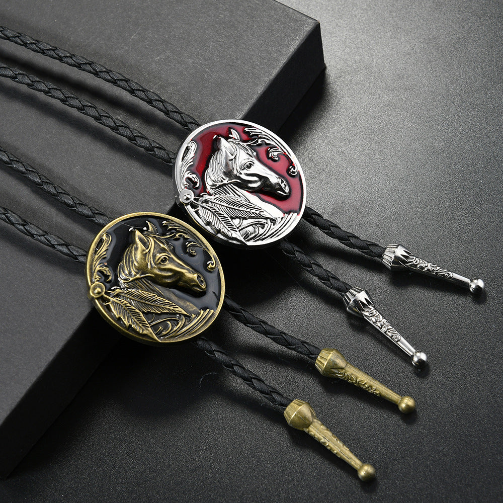 Retro Western Horse Alloy Pendant PU Necklace Woolen Chain Denim Polo Tie Men's Shirt Bow Tie - front view
