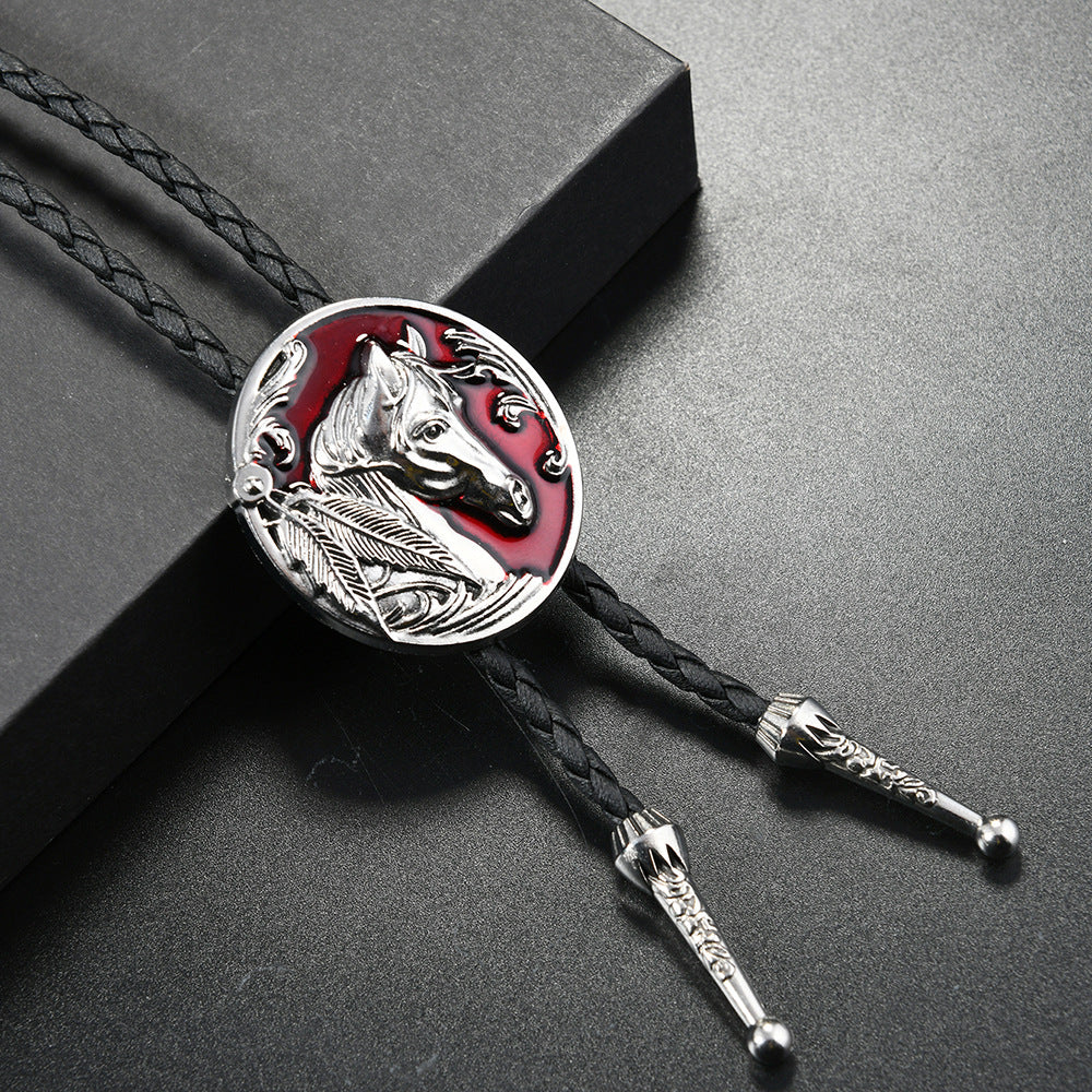 Retro Western Horse Alloy Pendant PU Necklace Woolen Chain Denim Polo Tie Men's Shirt Bow Tie - view 2