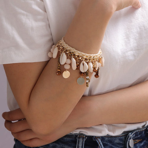 Amazon's Hottest Bohemian Style Bracelet Braided Rope Shell Beaded Disc Tassel Bracelet Fashionable Versatile Bracelet - front view